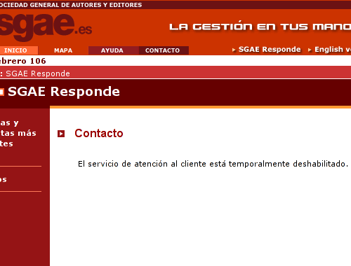Captura de pantalla de la web de la SGAE con el texto de marras.